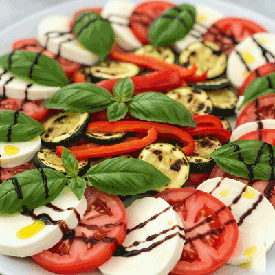 dieta srudziemno kolacja saatki Caprese z dodatkiem grillowanych warzyw